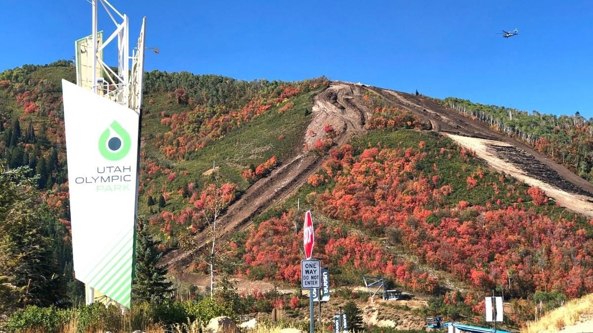 Chairlift construction is underway at Utah Olympic Park, making a show against the pop of fall colors.