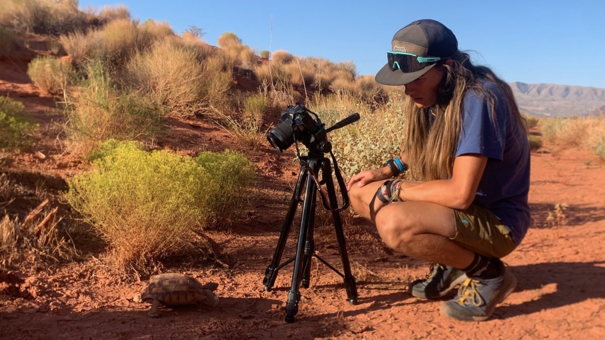 Liam Snihurowych filming Desert Tortoises in Southern Utah before Sir David Attenborough performed a voice over for a nature documentary.