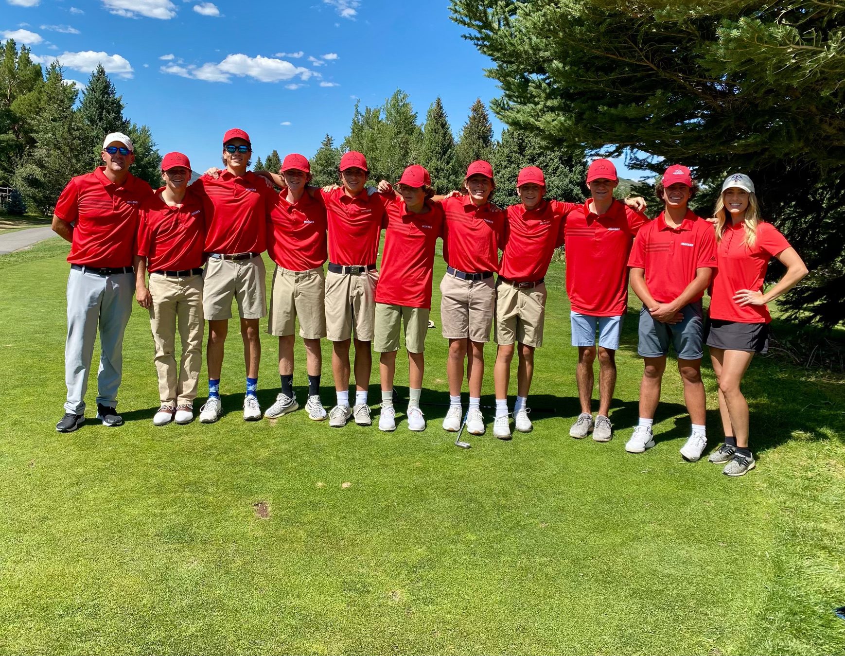 Miners Golf Team; (L to R) Asst. Coach Jon Paupore, John Scanlan, Miles Bronstein, Brandon Paupore, Silas Miller, Max Gordon, Jeremiah Marsh, Ian Marsland, Quinn McLauglin, Billy Alnewick, Head Coach Jenny Jeffery