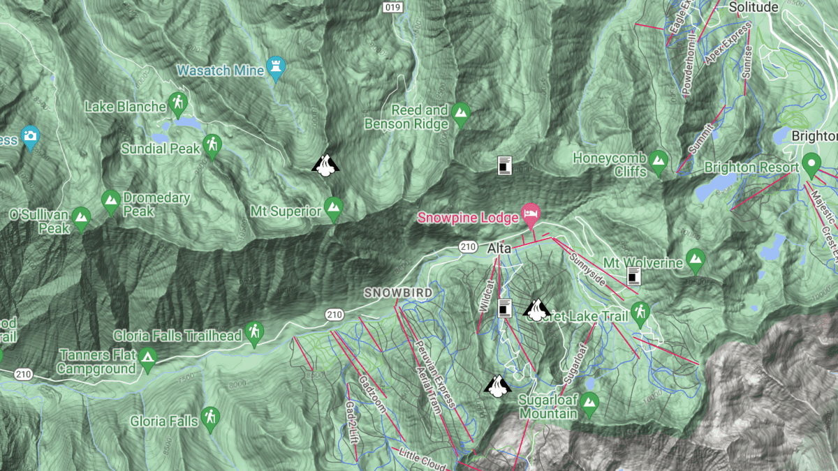Map showing the three avalanches in the Cottonwoods over the weekend
