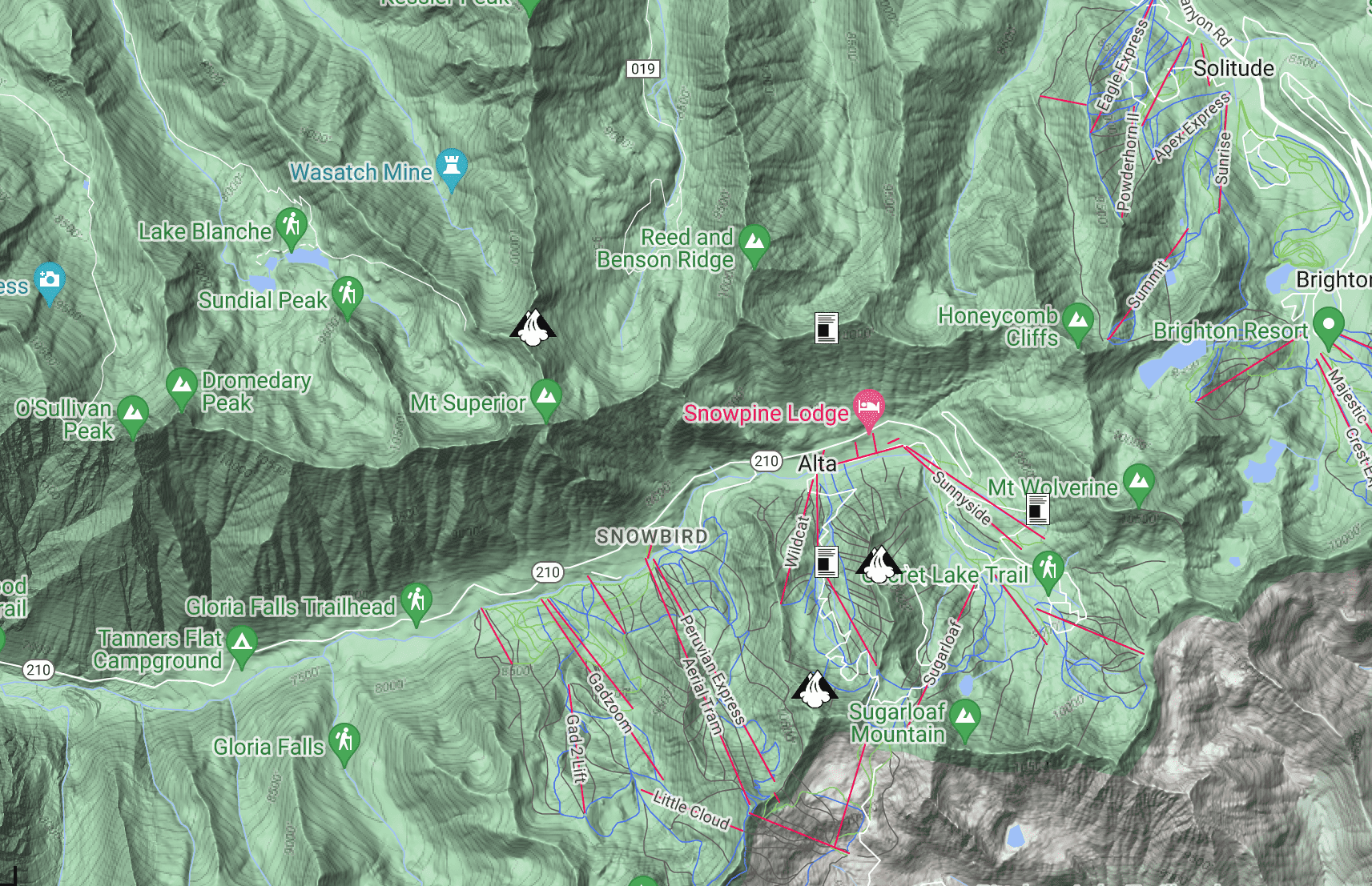 Map showing the three avalanches in the Cottonwoods over the weekend