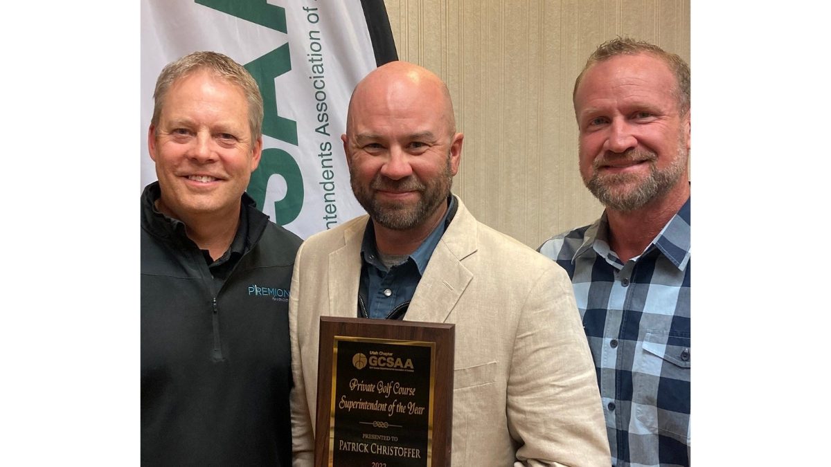 From left to right: Simplot Regional Sales Pat Shear; Red Ledges Director of Agronomy Pat Christoffer; Turf Equipment and Supply Owner Tyler Sorenson.
