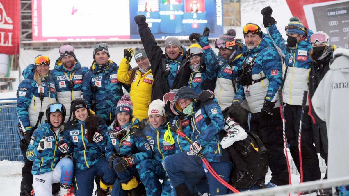 The U.S. Women's Alpine Team at the Audi FIS Alpine Ski World Cup Women's Downhill on December 4, 2021 in Lake Louise, Canada.