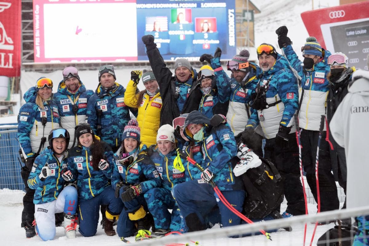 The U.S. Women's Alpine Team at the Audi FIS Alpine Ski World Cup Women's Downhill on December 4, 2021 in Lake Louise, Canada.