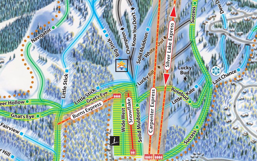 Trail Map of 2022/2203 Winter Season showing the changes to Wide West including the new Burns Express Lift and the extended Snowflake Chair Lift