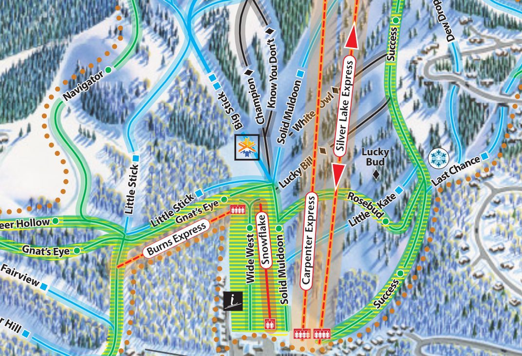 Trail Map of 2022/2203 Winter Season showing the changes to Wide West including the new Burns Express Lift and the extended Snowflake Chair Lift