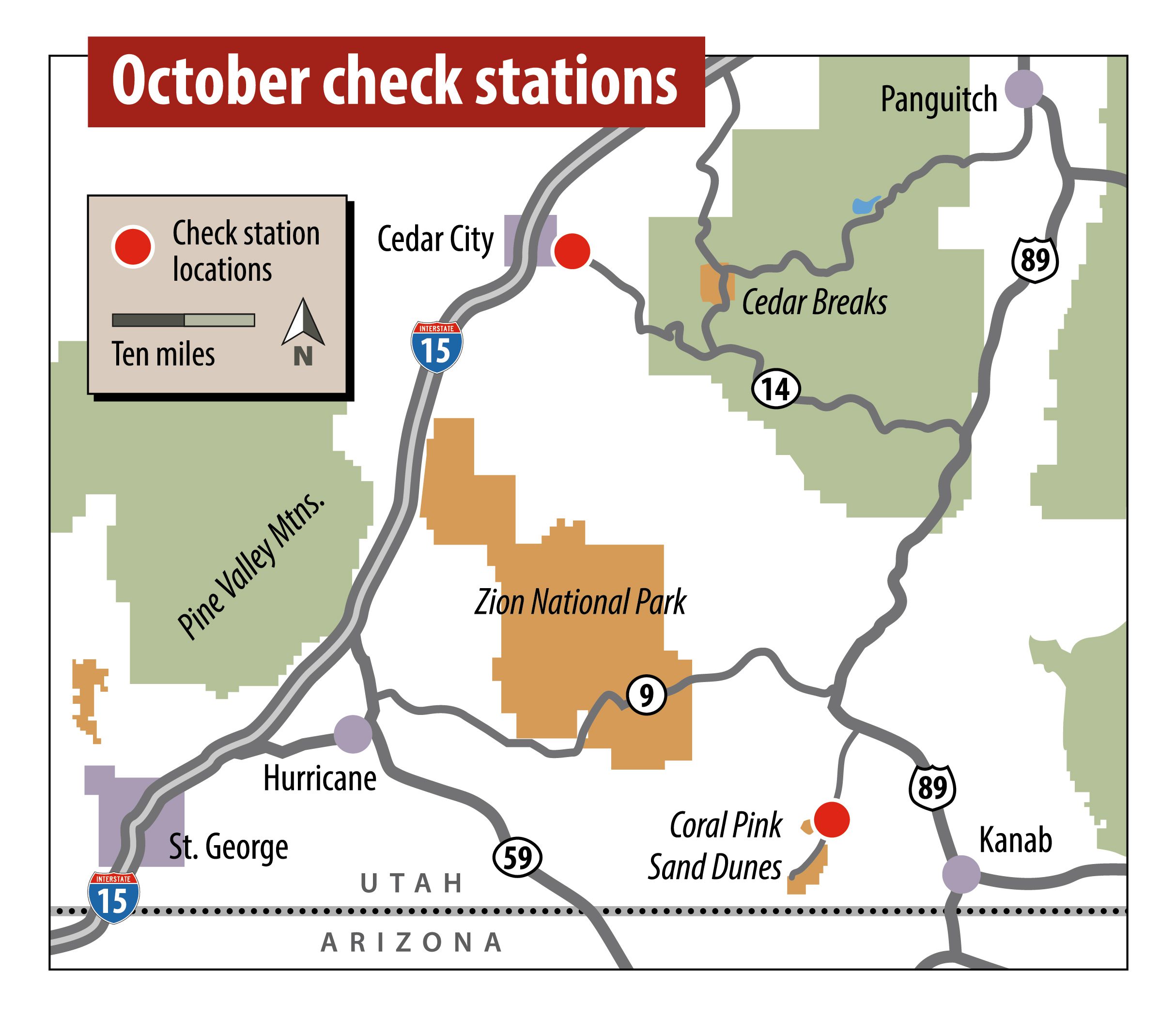 Map showing locations of check stations open in October