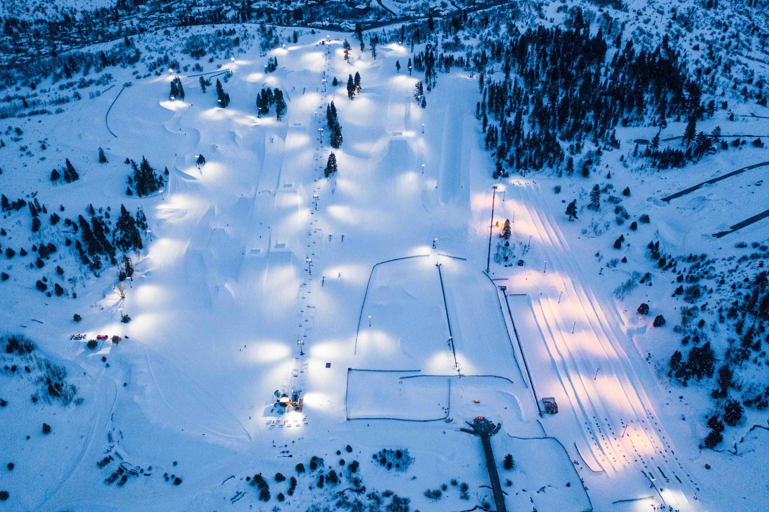 Woodward Park City ski area at night.