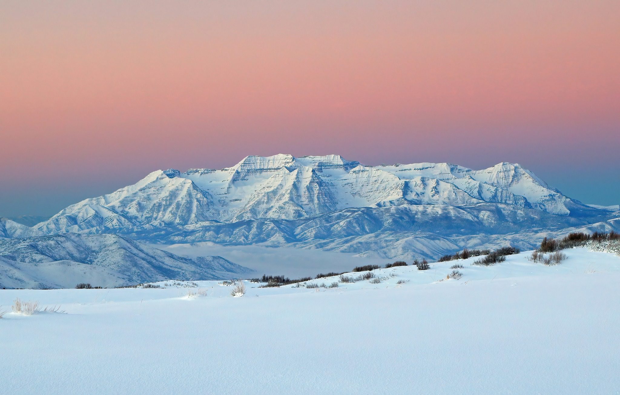 Belt of Venus, fog over the Heber Valley, fresh show on the meadow, and Mount Timpanogos in her splendor.