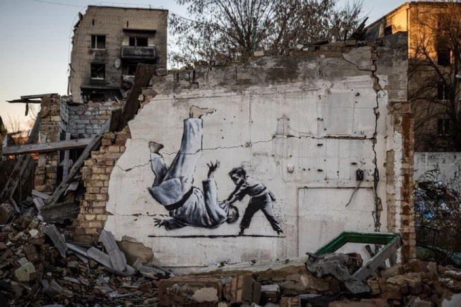 Banksy has made his mark amidst the rubble in Ukraine.