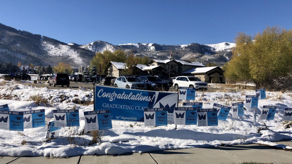 Graduation yard signs in front of the Winter Sports School in time for the 2022 Graduation.
