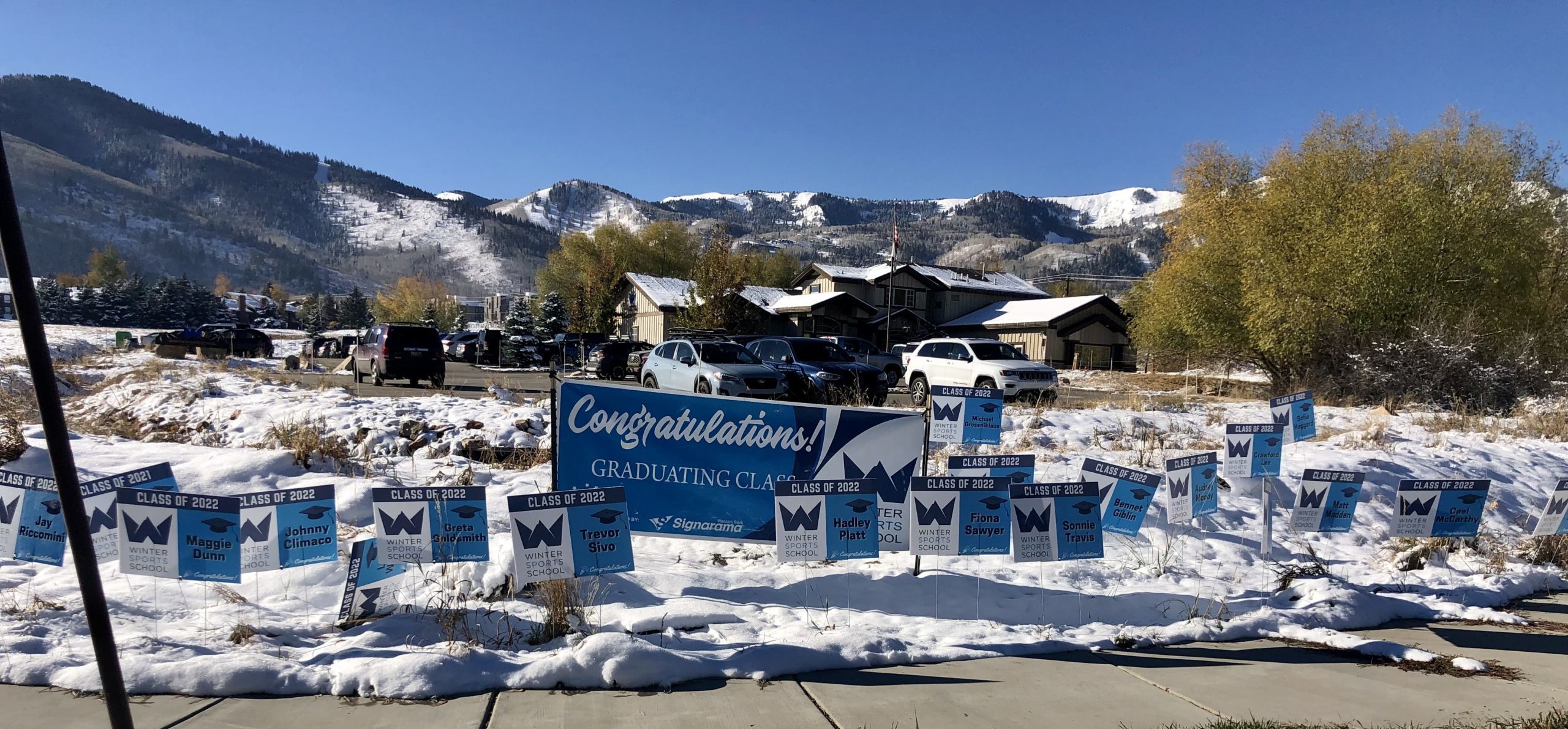 Graduation yard signs in front of the Winter Sports School in time for the 2022 Graduation.