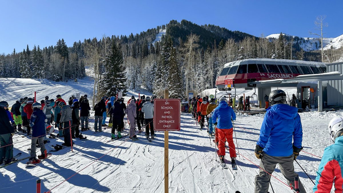 Lift line for Saddleback Express at PCMR.