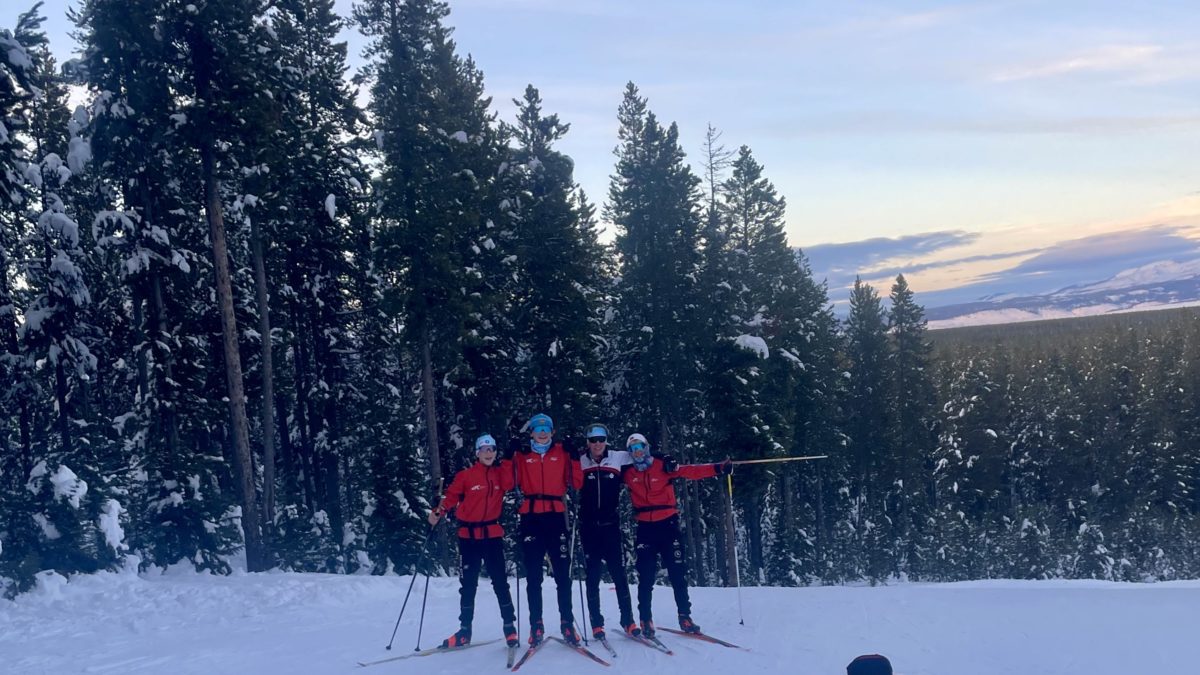 (L-R) PCSS Coach Drew Palmer-Ledger with athletes Trey Hudson, Lucas Fassio, and 1st place race finnisher Toey Hoffman training in West Yellowstone, MT.