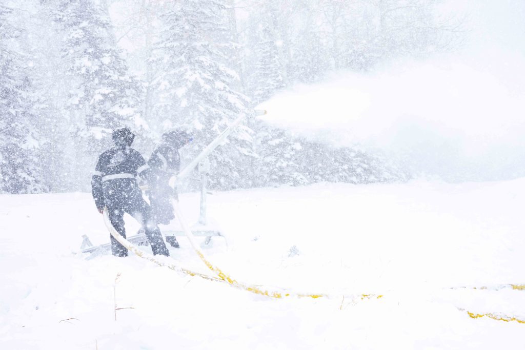 Snowmaking crew using a mobile snow gun at Deer Valley