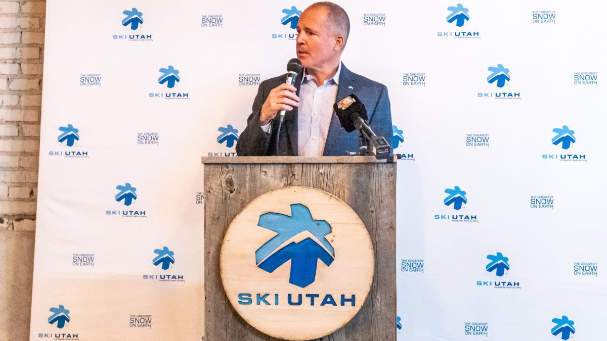 Ski Utah President and CEO Nathan Rafferty speaking to media about the upcoming winter season