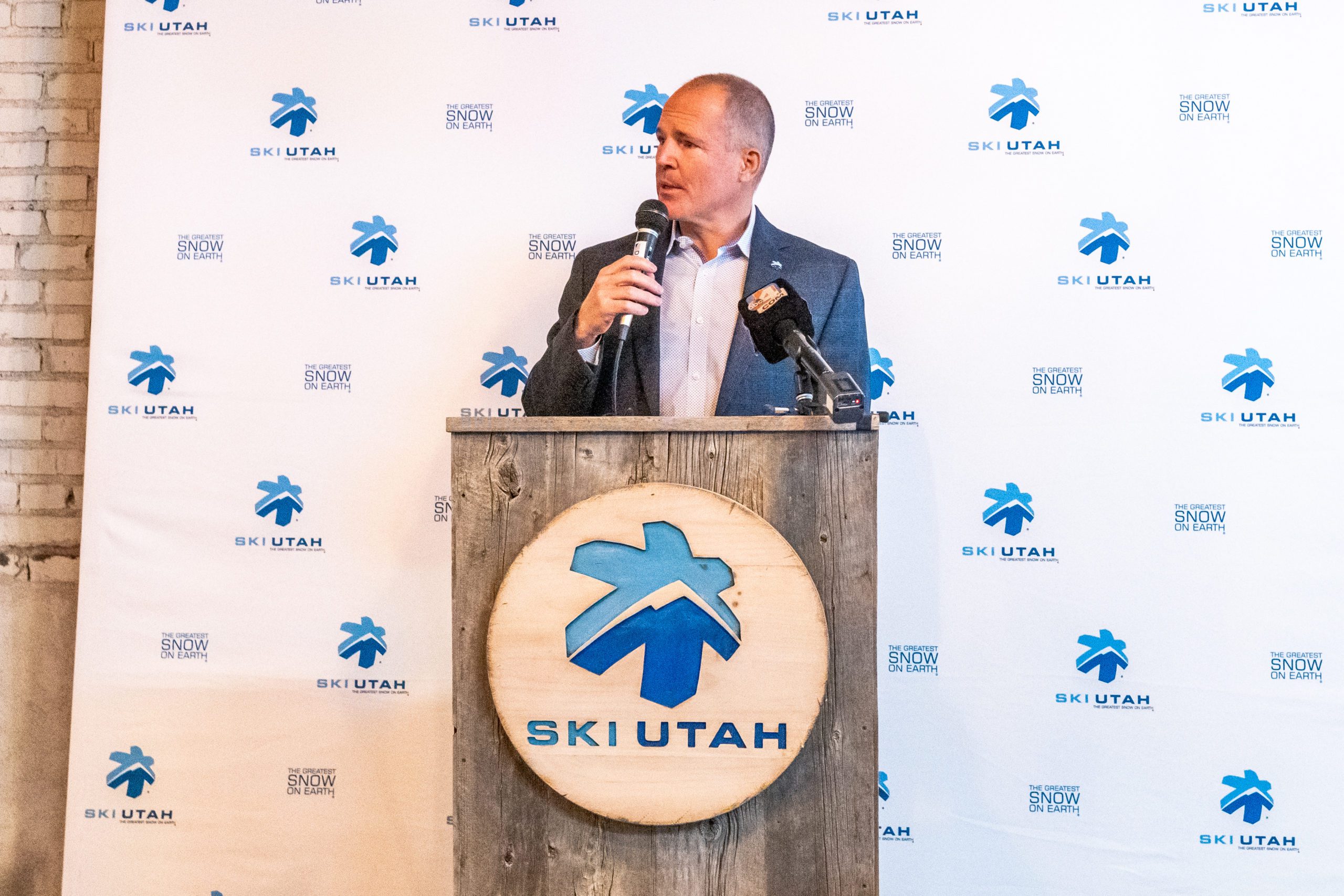 Ski Utah President and CEO Nathan Rafferty speaking to media about the upcoming winter season