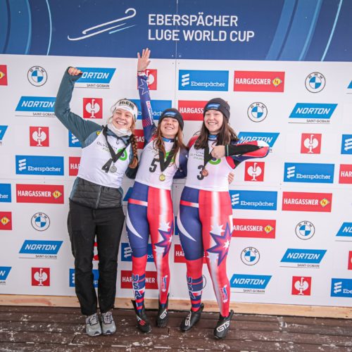 Brittney Arndt on top of the Luge podium and Ashley Farquharson in 3rd at the Park City 2022 Nations Cup.