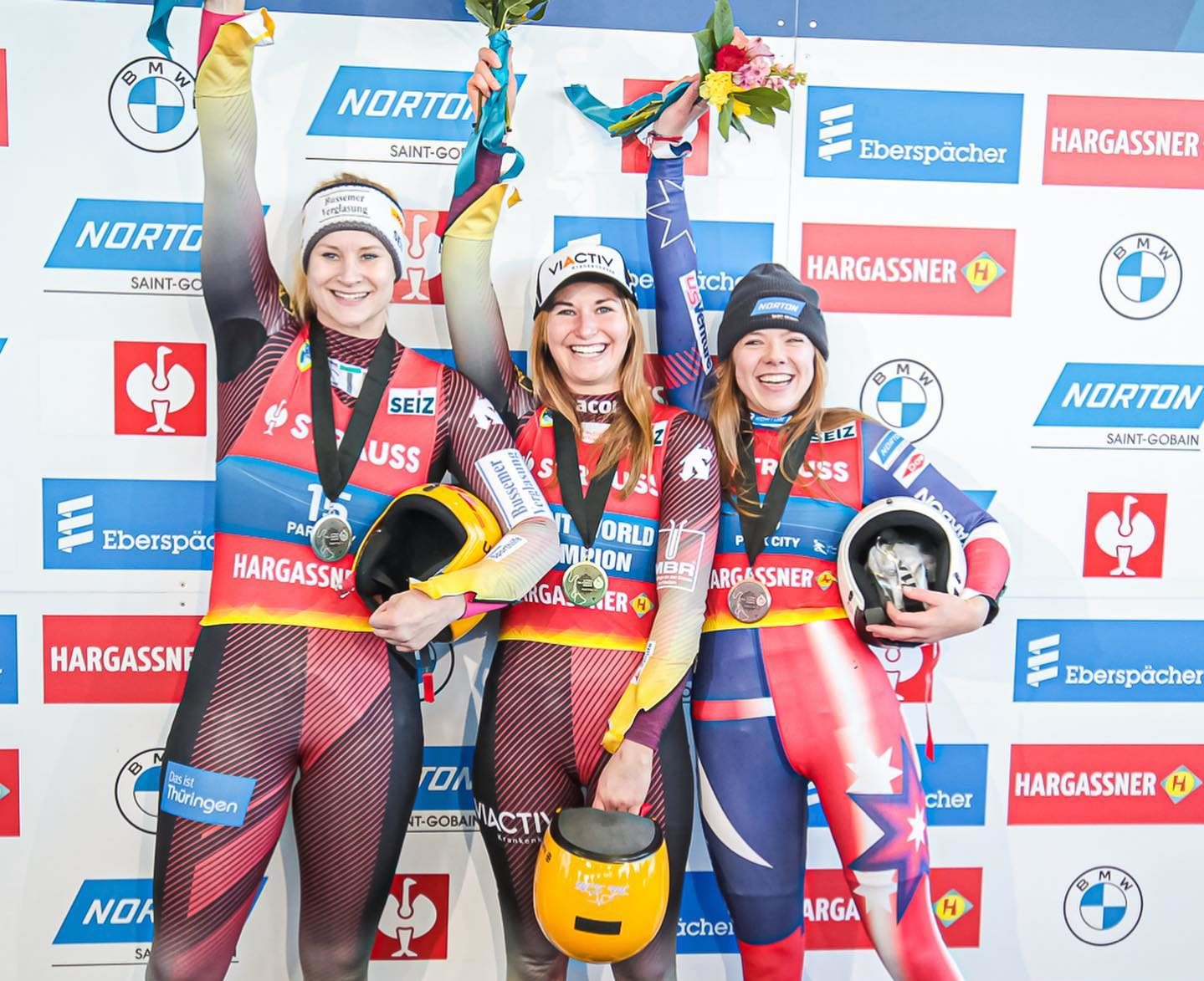 Retiring athlete, Park City's Brittney Arndt (far right) got her first podium, 3rd place, on her home track at the Utah Olympic Park in the FIL Luge World Cup.