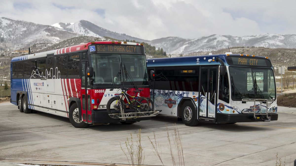 PC-SLC connect featuring a UTA bus and a Park City Transit bus.