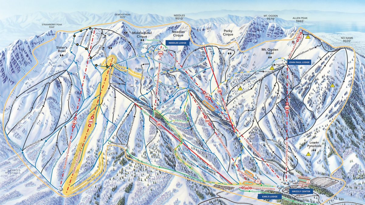 Snowbasin Resort Winter Trail Map showing new Demoisy Express Lift Location.