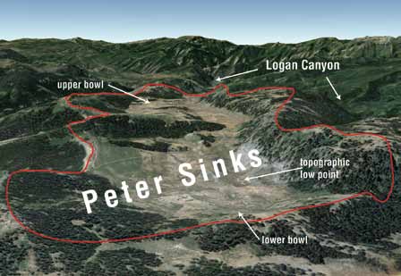 Peter Sinks and its surrounding terrain.