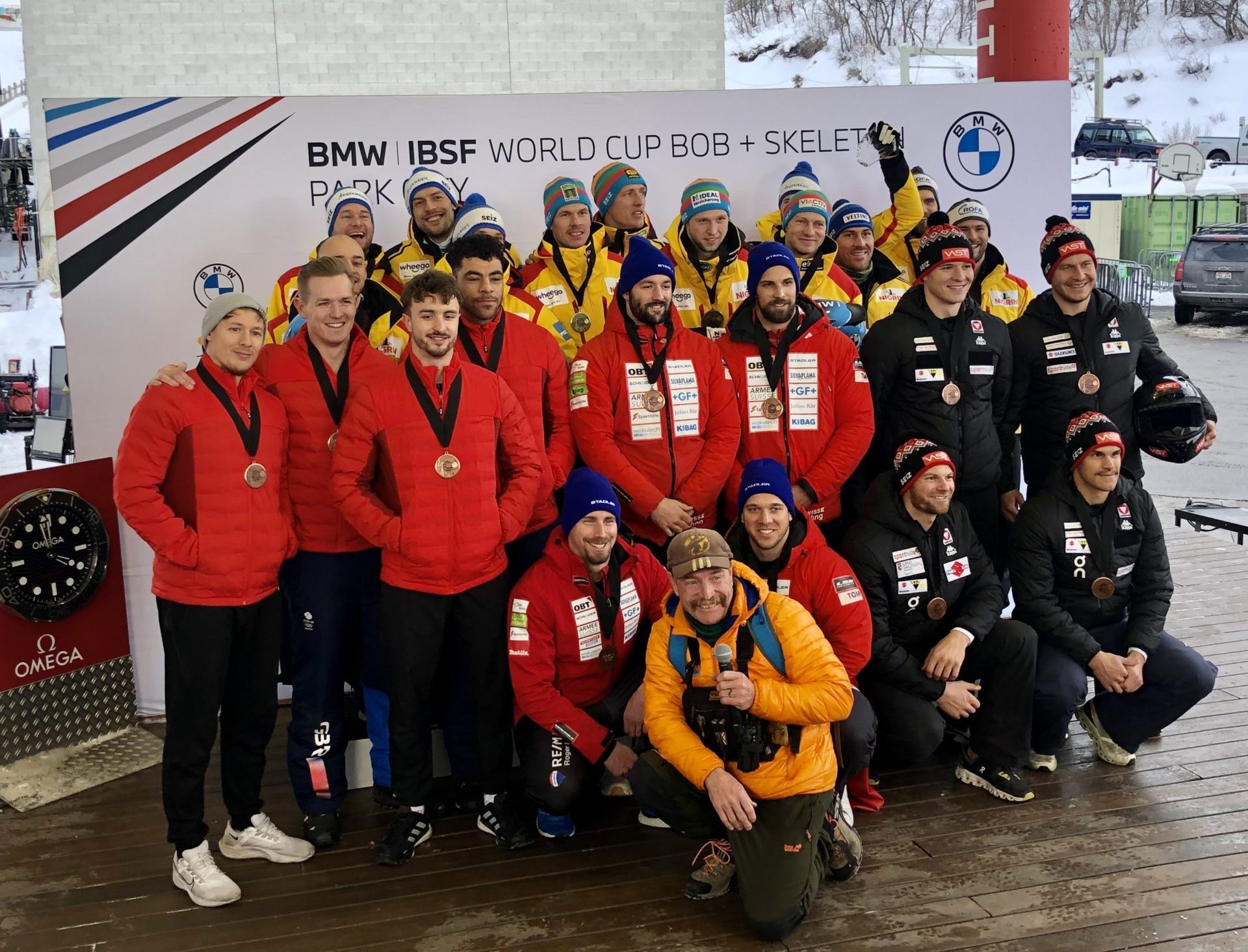 Germany sweep, 1st-6th place 4-man bobsled podium, World Cup, Park City with 9-time Olympic announcer Carl Roepke front and center.