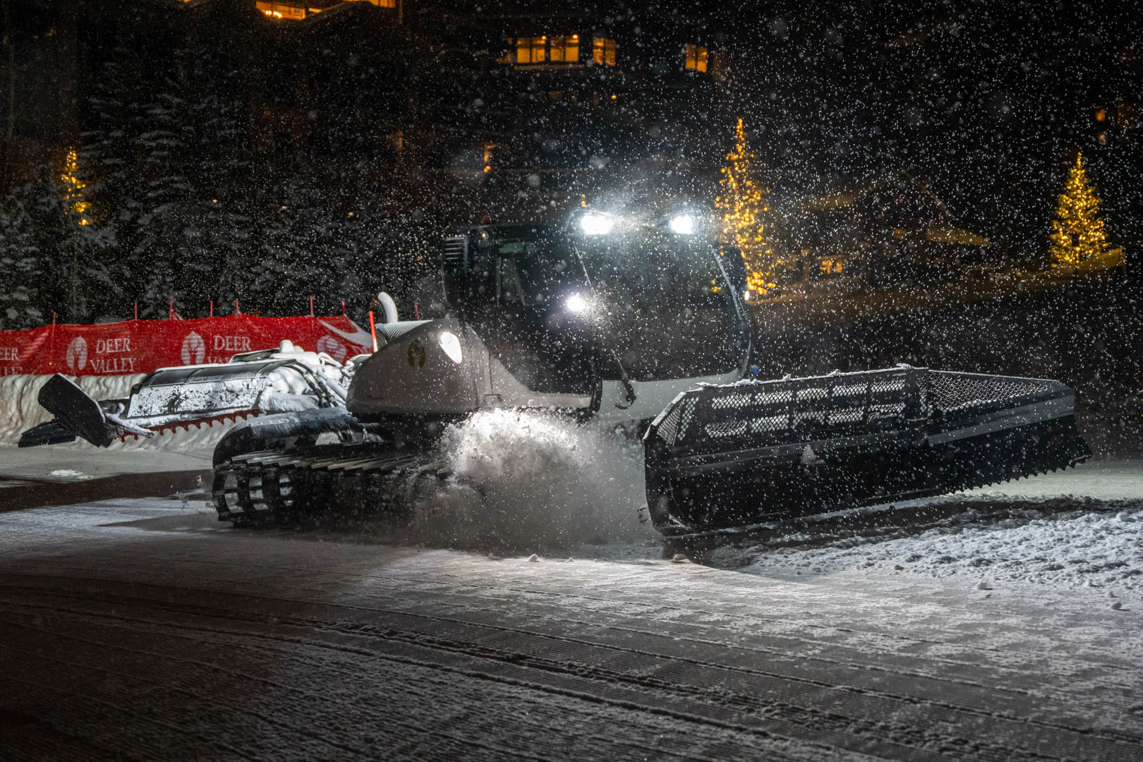 Snowcat working on Wide West at Deer Valley Resort.