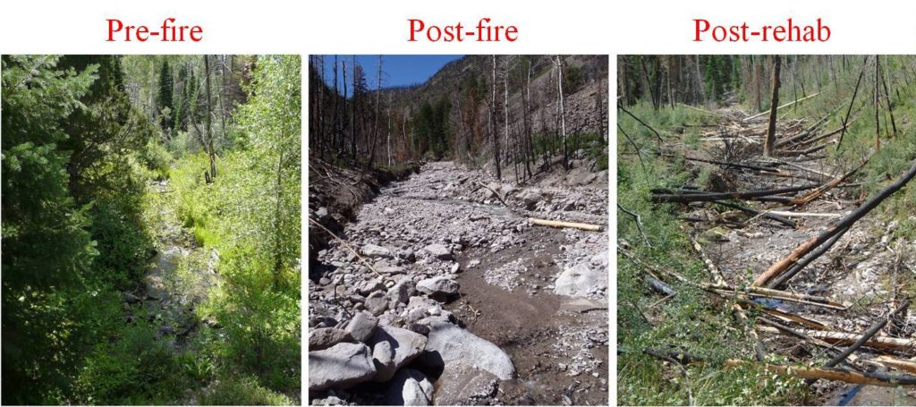 Stream restoration work after fire showing changes over time.