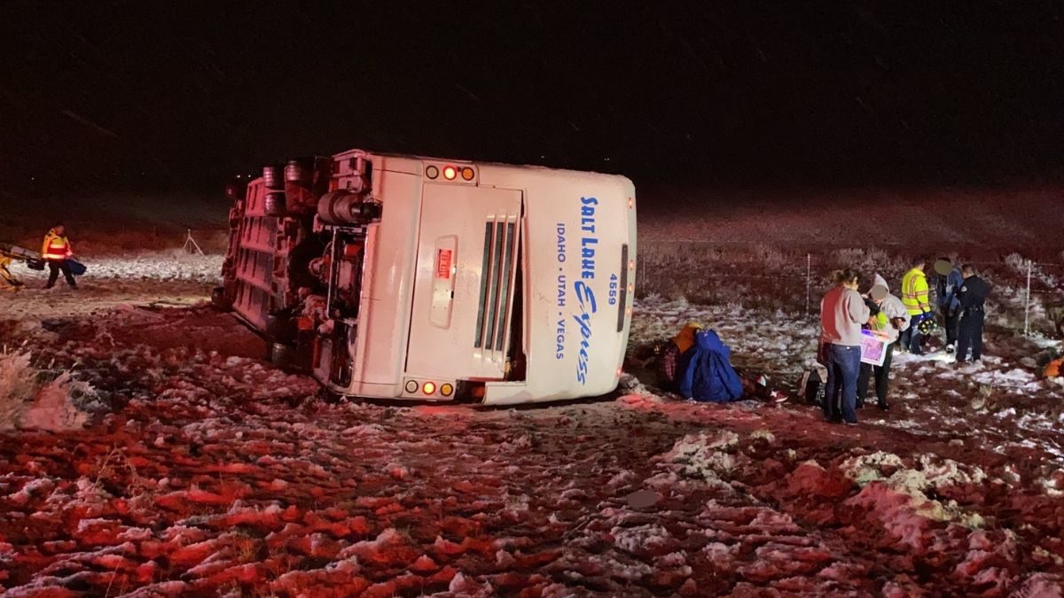 A bus en route from Boise to Salt Lake City crashed this morning, leaving multiple injured. Dec. 12, 2022.