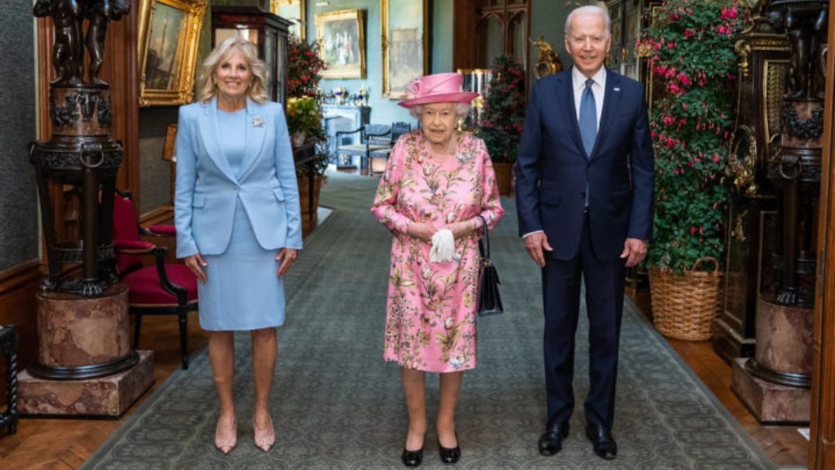In this Official White House Photo, taken on June 13, 2021, President Joe Biden and First Lady Dr. Jill Biden pose for a photograph with Queen Elizabeth II at Windsor Castle.