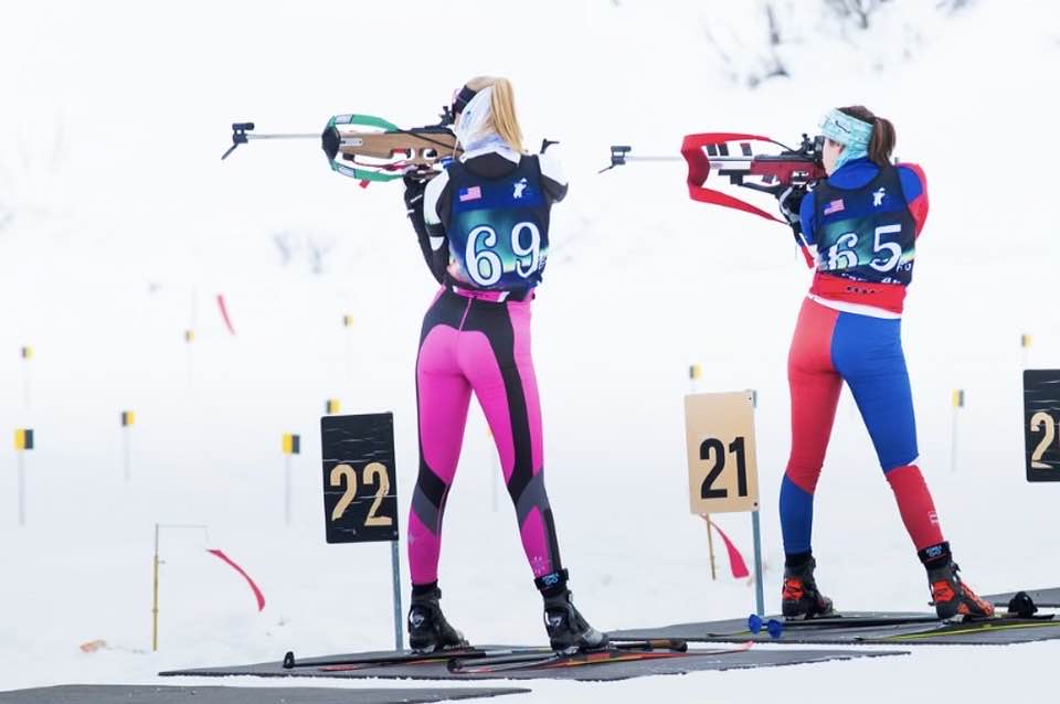 Emily Campbell , in pink, competing biathlon in Alaska.