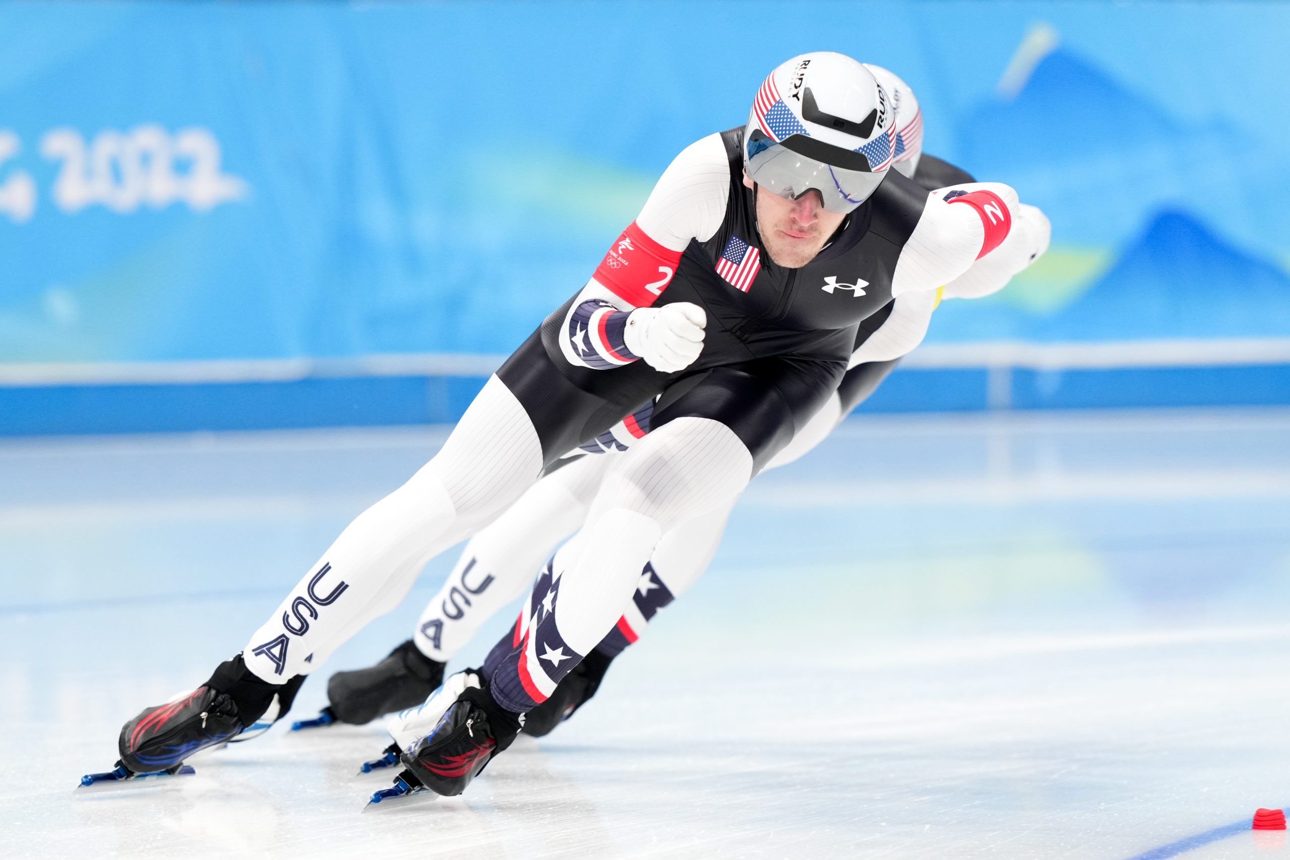 BEIJING, CHINA - FEBRUARY 15: Casey Dawson of the USA during the Men's Team Pursuit on day 11 of the Beijing 2022 Olympic Games at the National Speedskating Oval on February 15, 2022 in Beijing, China