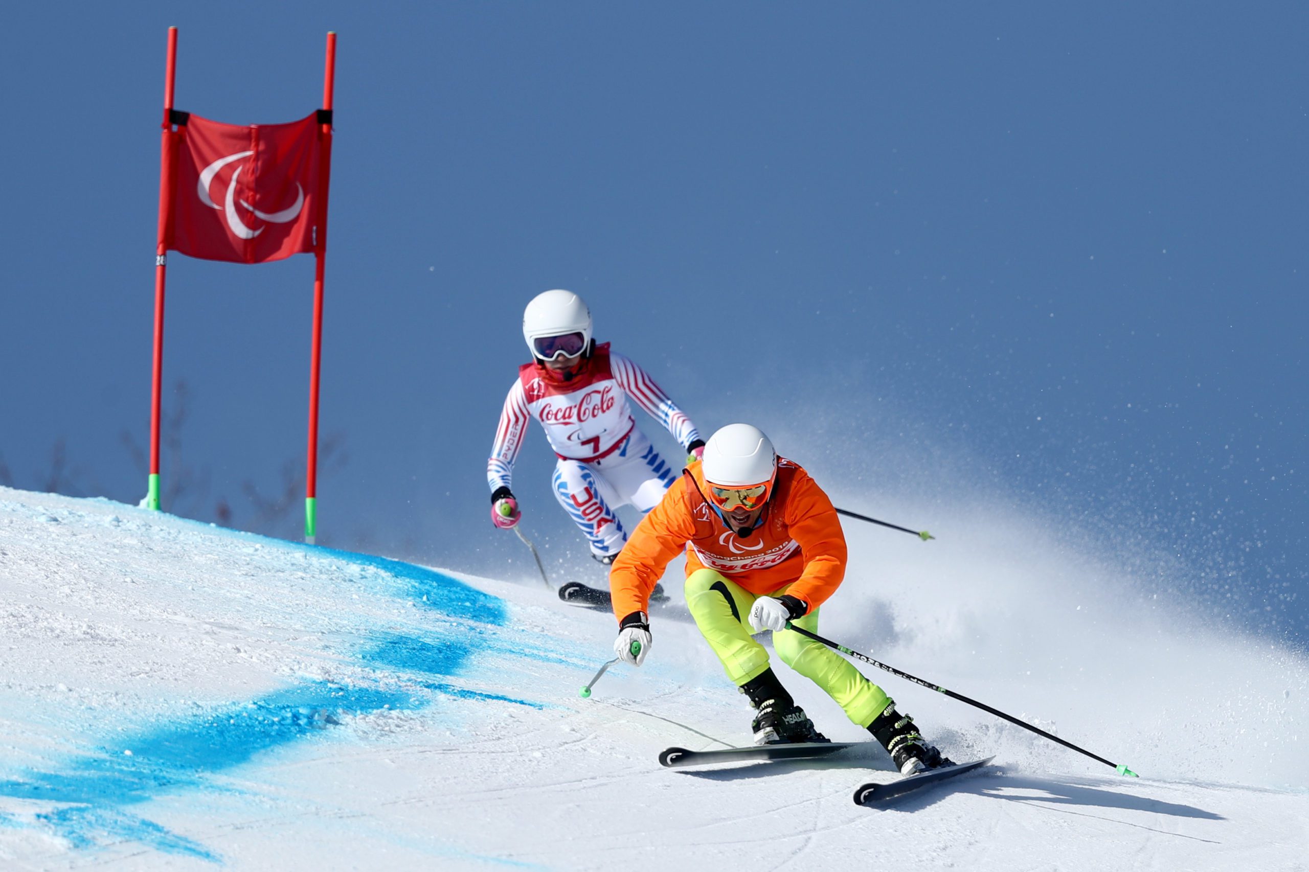 PYEONGCHANG-GUN, SOUTH KOREA - MARCH 11: Danelle Umstead of the United States and her guide Rob Umstead compete in the Women's Visually Impaired Super-G at Jeongseon Alpine Centre on Day 2 of the PyeongChang 2018 Paralympic Games on March 11, 2018 in Pyeongchang-gun, South Korea.