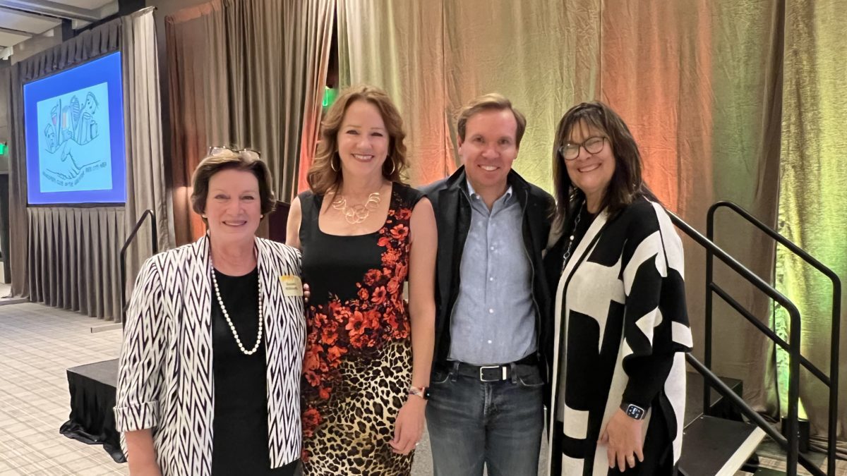 From left to right: Newcomers Club President Sue Niblock, First Vice President Mary Lynne Hulme, Paul Huntsman, First Vice President Ariela Shani.