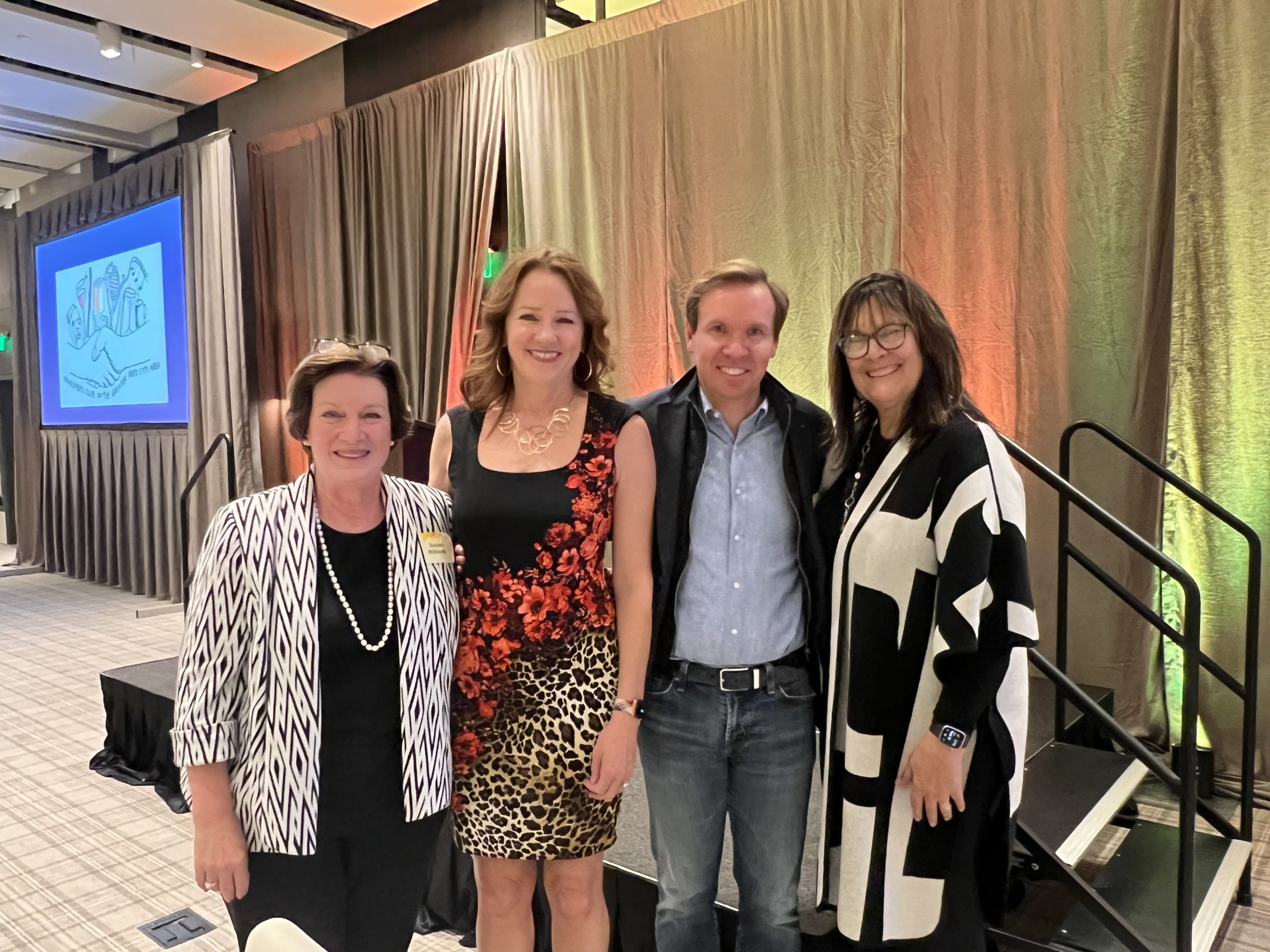 From left to right: Newcomers Club President Sue Niblock, First Vice President Mary Lynne Hulme, Paul Huntsman, First Vice President Ariela Shani.