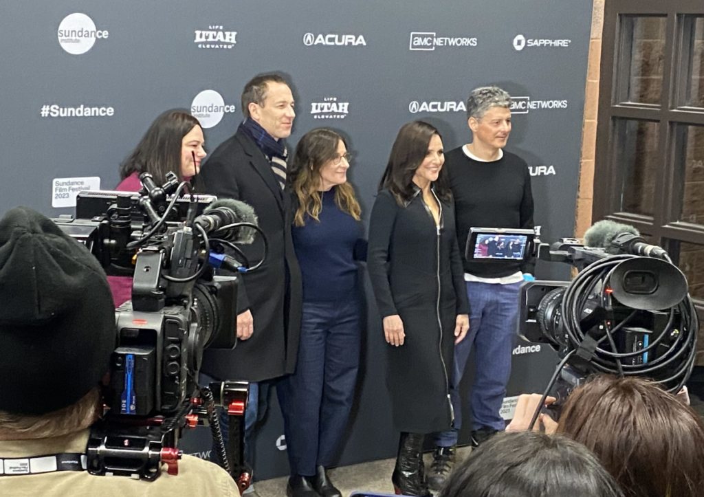 Sundance Film Festival's You Hurt My Feelings (L-R) Producer Stephanie Azpiazu, actor Tobias Menzies, actor Nicole Holofcener, actor Julia Louis-Dreyfus, Producer Anthony Bregman at the Eccles Theater.