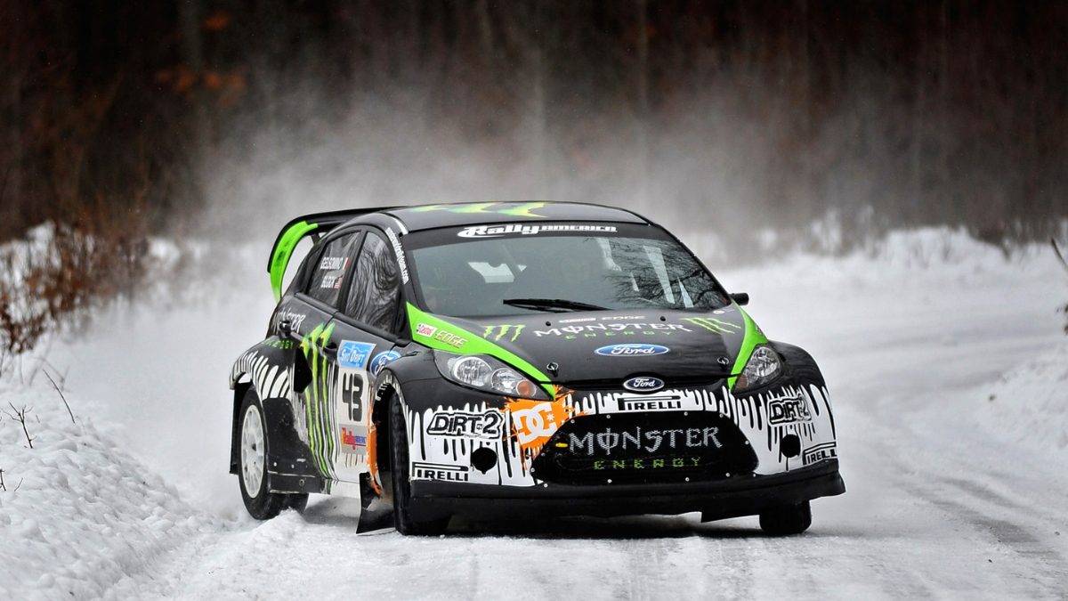 Rally racer Ken Block and co-driver Alex Gelsomino during a private test on a county road in northern Michigan.