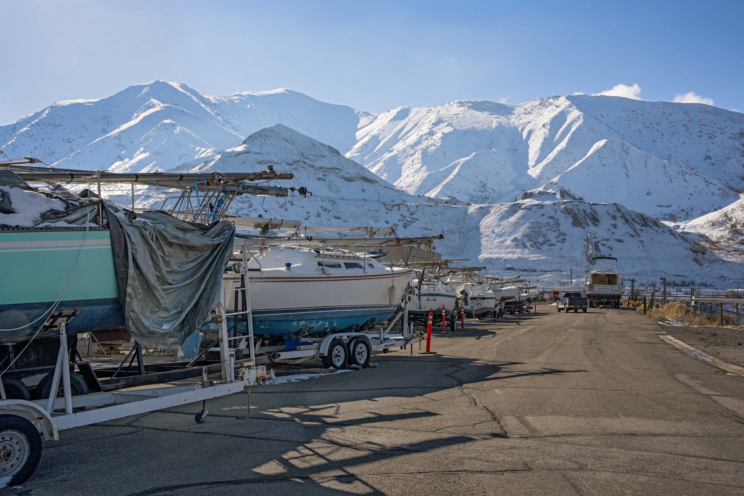 Sailboats on trailers at Great Salt Lake State Park.