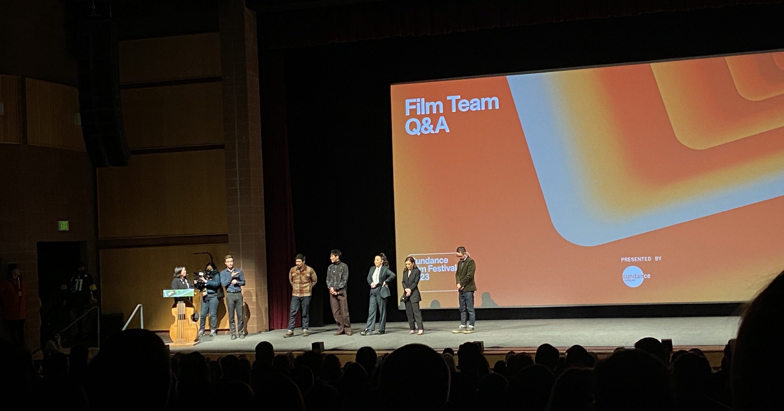 The Shortcomings cast at its premiere at Eccles Theater. Left to right: Kim Yutani (Sundance Inst. Director of Programming, Randall Park, Justin H. Min, Sherry Cola, Ally Maki, and Adrian Tomine.