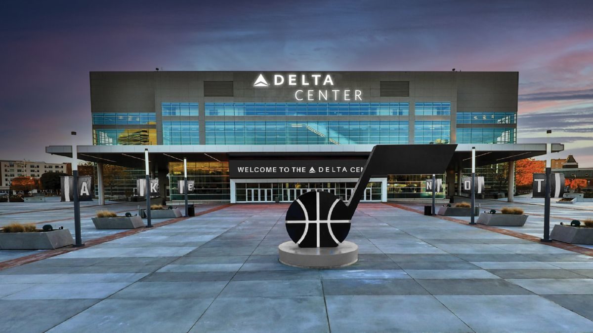 A rendering of the exterior of the Delta Center in downtown Salt Lake City.