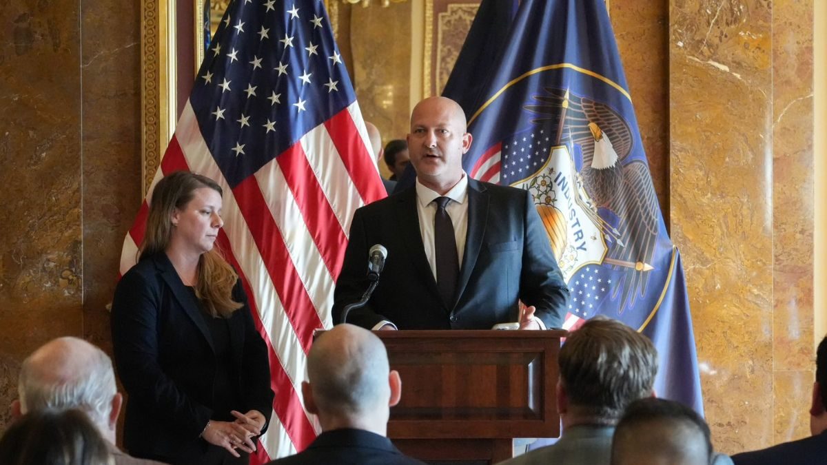 Nicole Schmidt and Joseph Petito, parents of Gabby Petito, speak at the Utah State Capitol on Jan. 30, 2023.