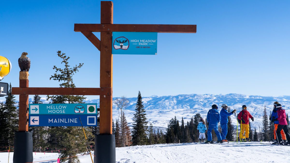 High Meadow Park sign to the Mellow Moose ski run at Park City Mountain.