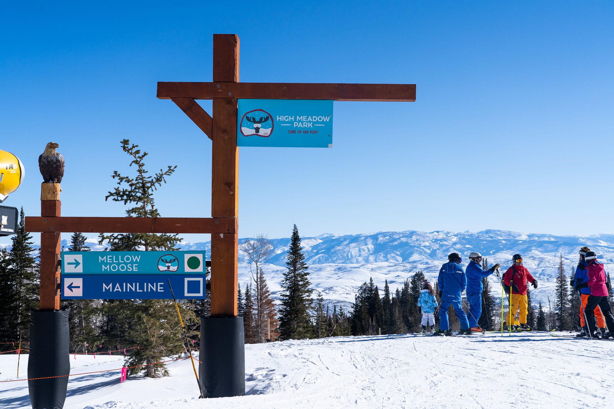 High Meadow Park sign to the Mellow Moose ski run at Park City Mountain.