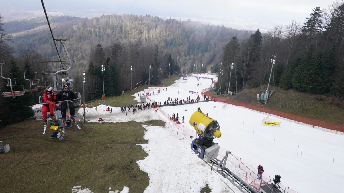 The start of the course of an alpine ski, women's World Cup slalom race, in Zagreb, Croatia, Wednesday, Jan. 4, 2023. Mother Nature and global warming are having just as much say about when and where to hold ski races these days as the International Ski Federation.