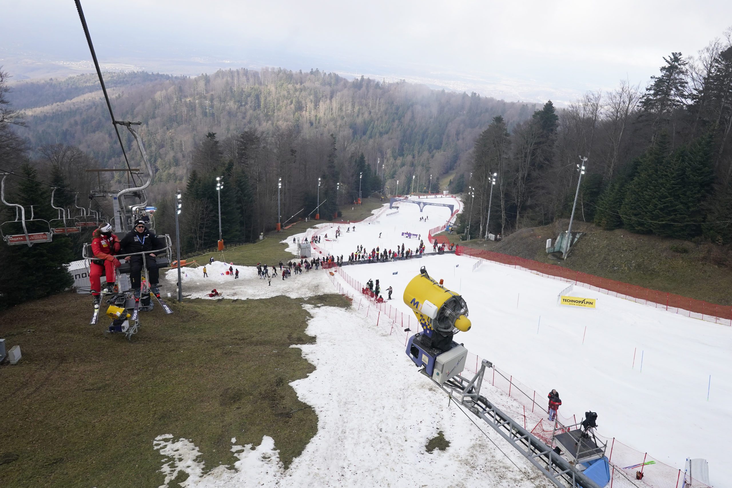 The start of the course of an alpine ski, women's World Cup slalom race, in Zagreb, Croatia, Wednesday, Jan. 4, 2023. Mother Nature and global warming are having just as much say about when and where to hold ski races these days as the International Ski Federation.