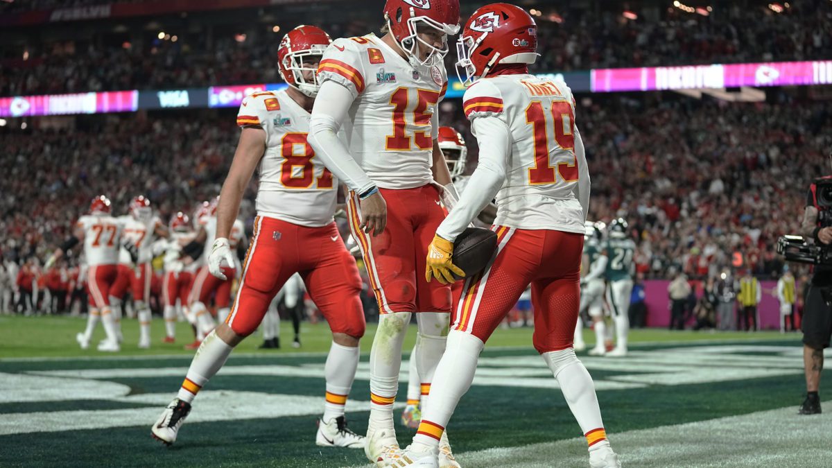 Kansas City Chiefs wide receiver Kadarius Toney (19) celebrates his touchdown with quarterback Patrick Mahomes (15) during the second half of the NFL Super Bowl 57 football game against the Philadelphia Eagles.