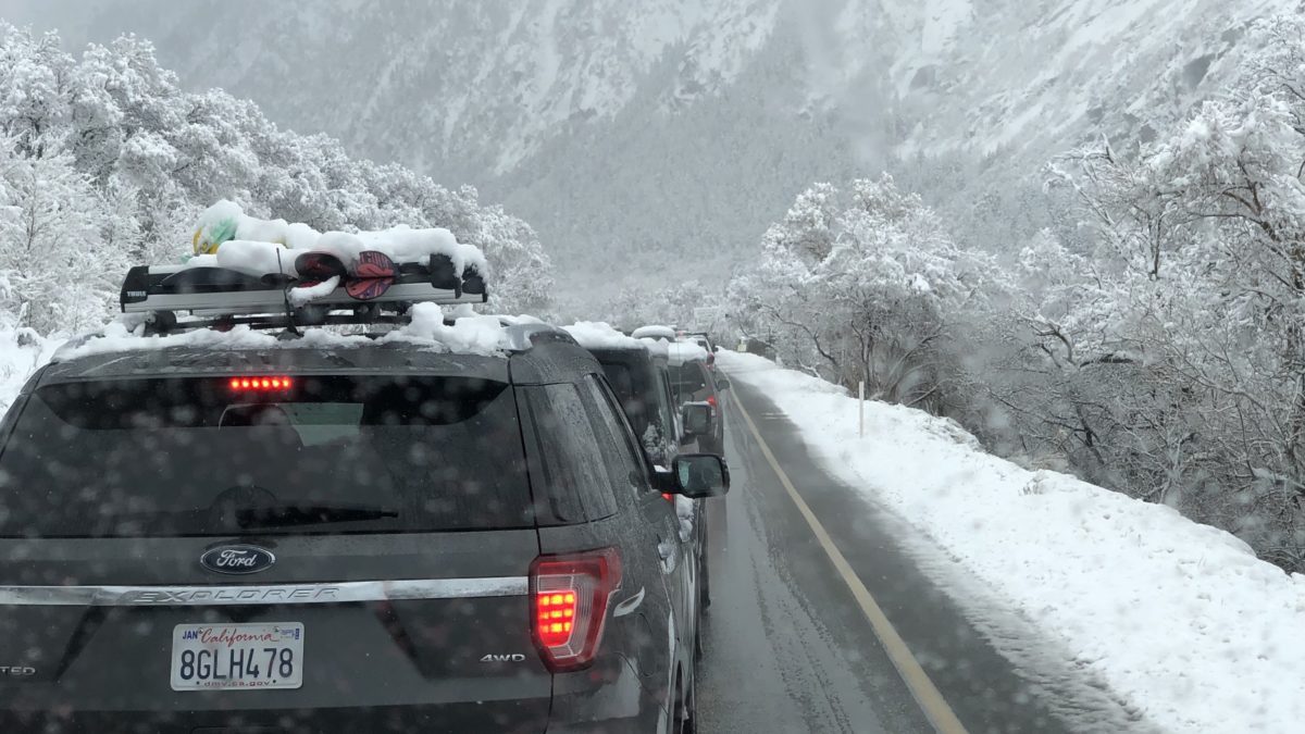 The traffic snake at Little Cottonwood Canyon on a pow day.