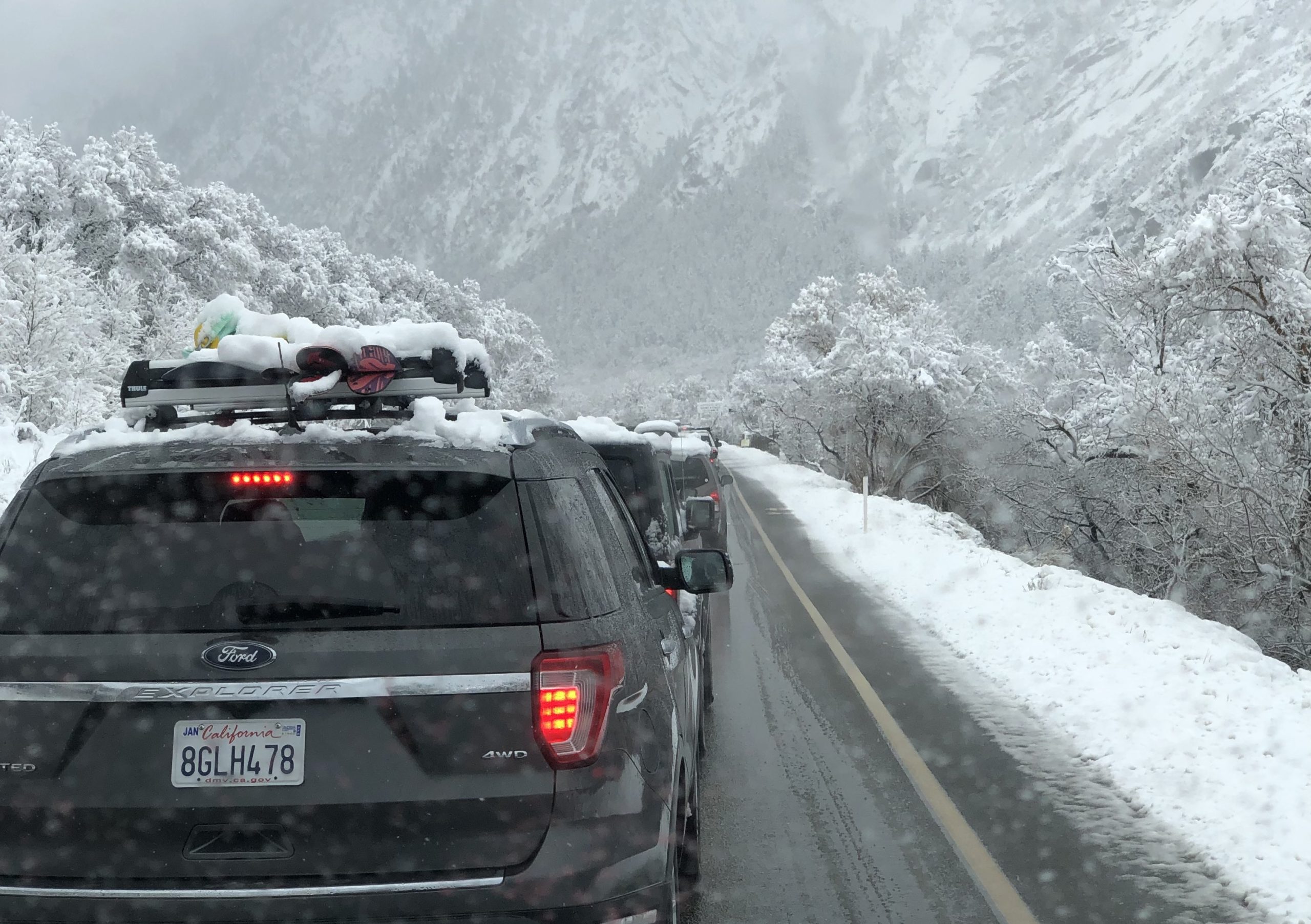 The traffic snake at Little Cottonwood Canyon on a pow day.