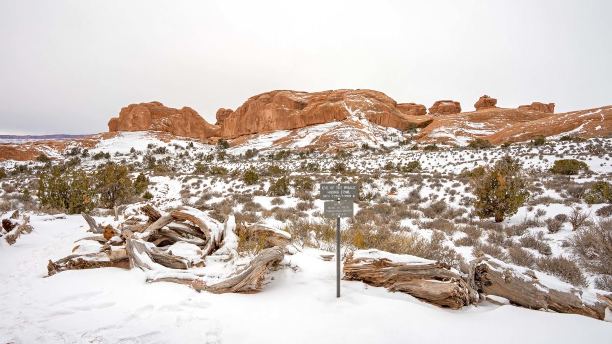 Winter off roading to the start of the Eye of the Whale Hiking Trail at Arches National Park on Wednesday, February 15, 2023.